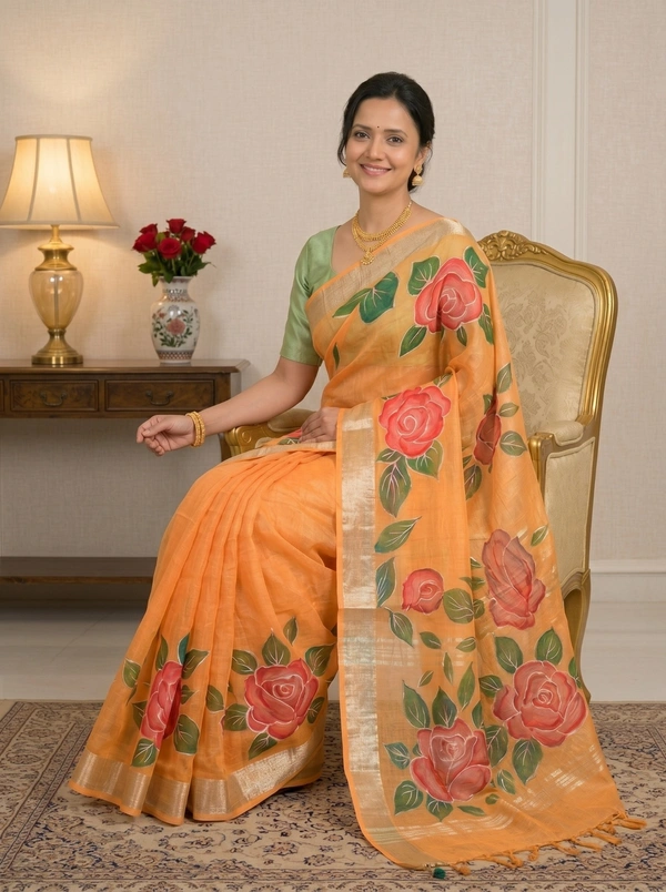 SKU0176 : Elegant Pure Linen Saree – Lightweight, Breathable & Handwoven Elegance | Blend Batique - Normal Length 6.5 mtr, Floral, Hand Print, All, Yes