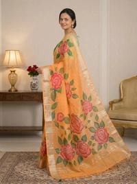 SKU0176 : Elegant Pure Linen Saree – Lightweight, Breathable & Handwoven Elegance | Blend Batique - Normal Length 6.5 mtr, Floral, Hand Print, All, Yes