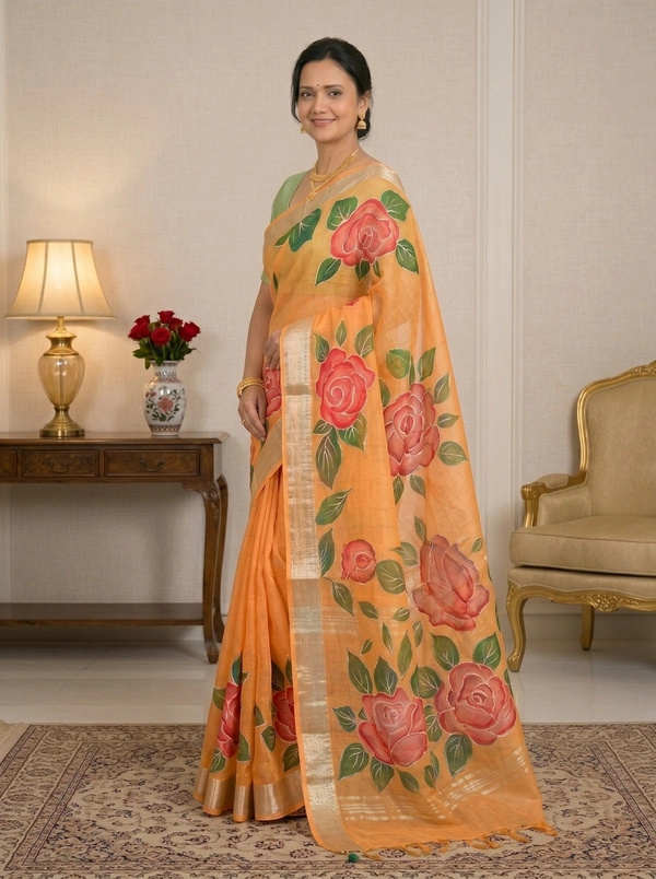 SKU0176 : Elegant Pure Linen Saree – Lightweight, Breathable & Handwoven Elegance | Blend Batique - Normal Length 6.5 mtr, Floral, Hand Print, All, Yes