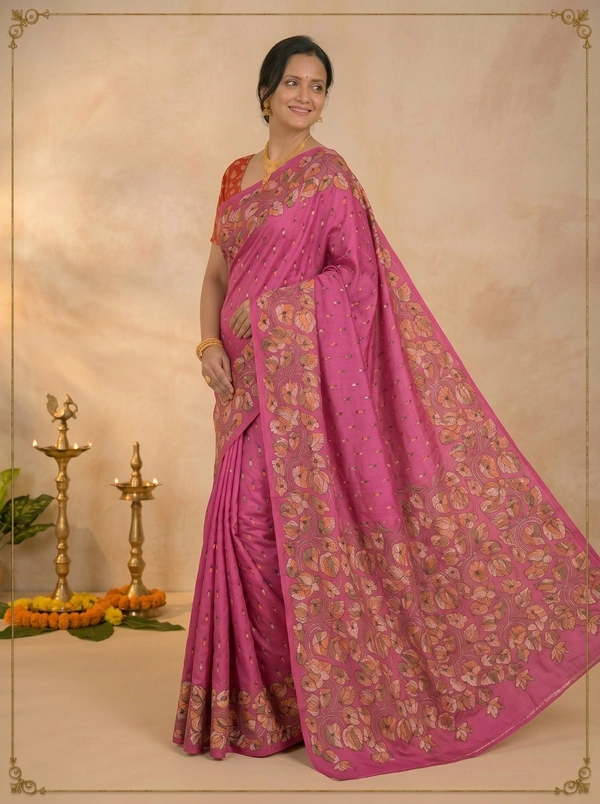 SKU0603 : Pure Silk Kantha Stitch Saree – Handcrafted Bengal Heritage - Normal Length 6.3 mtr Plus, Kantha Stitch, Dry Clean Only, Yes