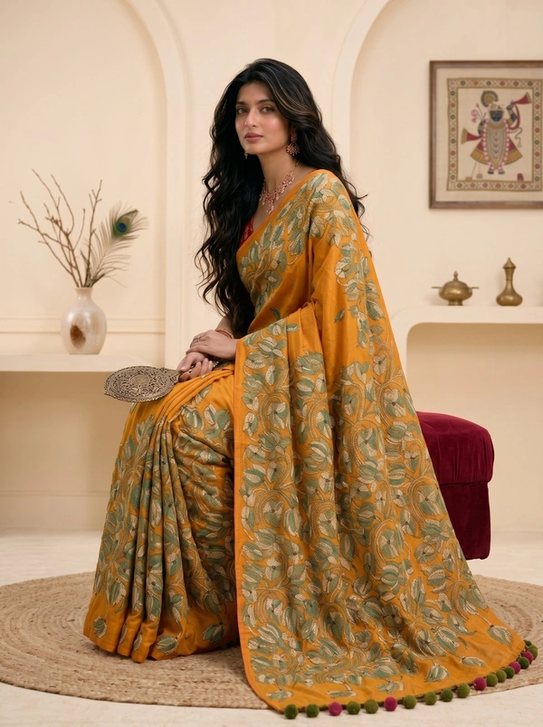 SKU0604 : Pure Silk Kantha Stitch Saree – Handcrafted Bengal Heritage - Normal Length 6.3 mtr Plus, Kantha Stitch, Dry Clean Only, Yes