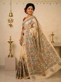 SKU0606 : Pure Silk Kantha Stitch Saree – Handcrafted Bengal Heritage - Normal Length 6.3 mtr Plus, Kantha Stitch, Dry Clean Only, Yes
