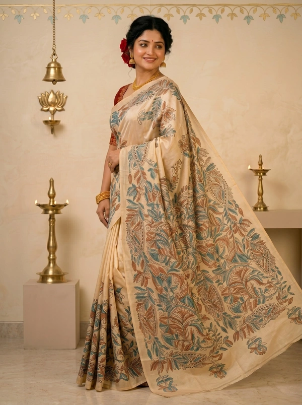 SKU0606 : Pure Silk Kantha Stitch Saree – Handcrafted Bengal Heritage - Normal Length 6.3 mtr Plus, Kantha Stitch, Dry Clean Only, Yes