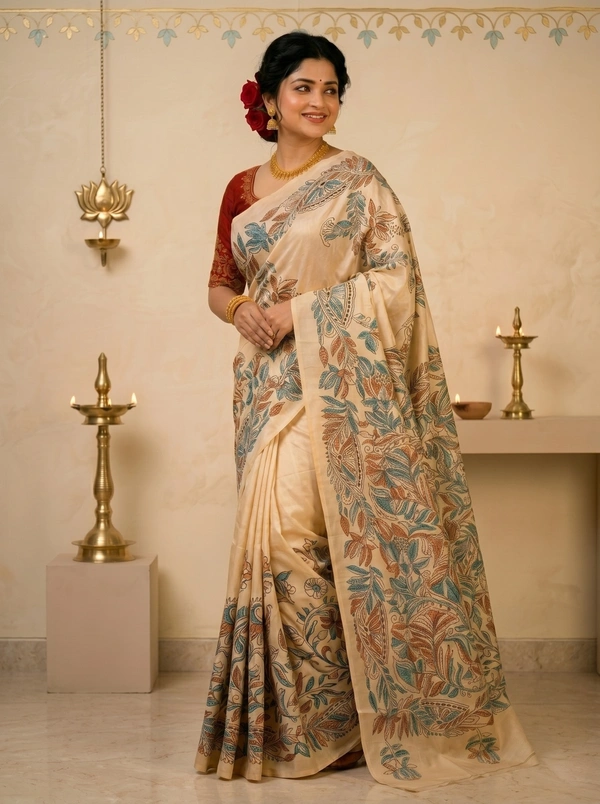 SKU0606 : Pure Silk Kantha Stitch Saree – Handcrafted Bengal Heritage - Normal Length 6.3 mtr Plus, Kantha Stitch, Dry Clean Only, Yes