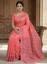 SKU0607 : Pure Silk Kantha Stitch Saree – Handcrafted Bengal Heritage - Normal Length 6.3 mtr Plus, Kantha Stitch, Dry Clean Only, Yes