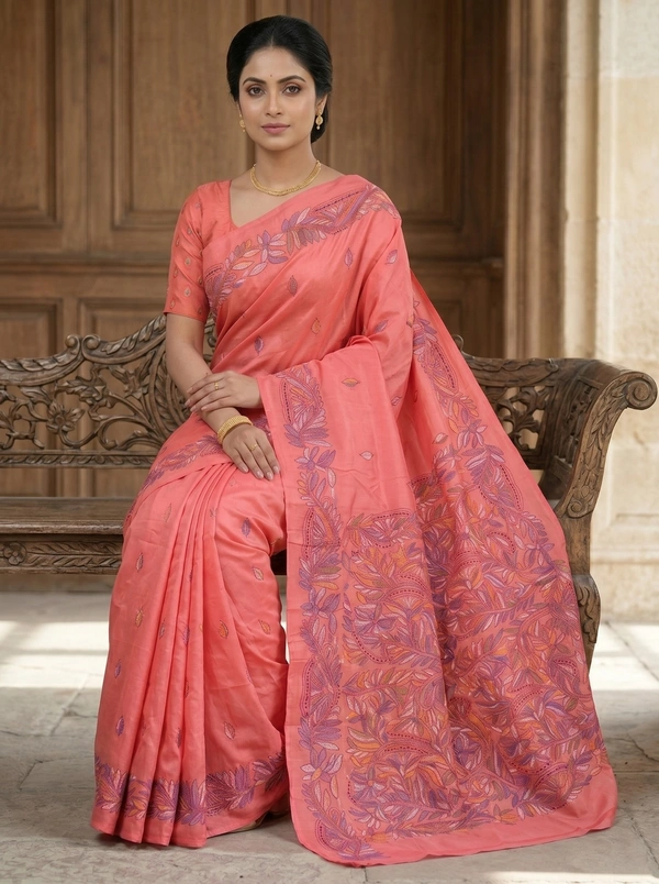 SKU0607 : Pure Silk Kantha Stitch Saree – Handcrafted Bengal Heritage - Normal Length 6.3 mtr Plus, Kantha Stitch, Dry Clean Only, Yes