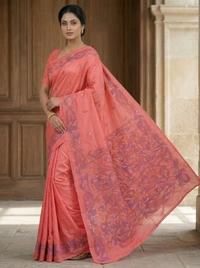 SKU0607 : Pure Silk Kantha Stitch Saree – Handcrafted Bengal Heritage - Normal Length 6.3 mtr Plus, Kantha Stitch, Dry Clean Only, Yes