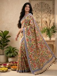 SKU0610 : Pure Silk Saree – Handwoven Bengal Traditional | Acid Paint - Normal Length 6.3 mtr Plus, Floral, Hand Print, Dry Clean Only, Yes