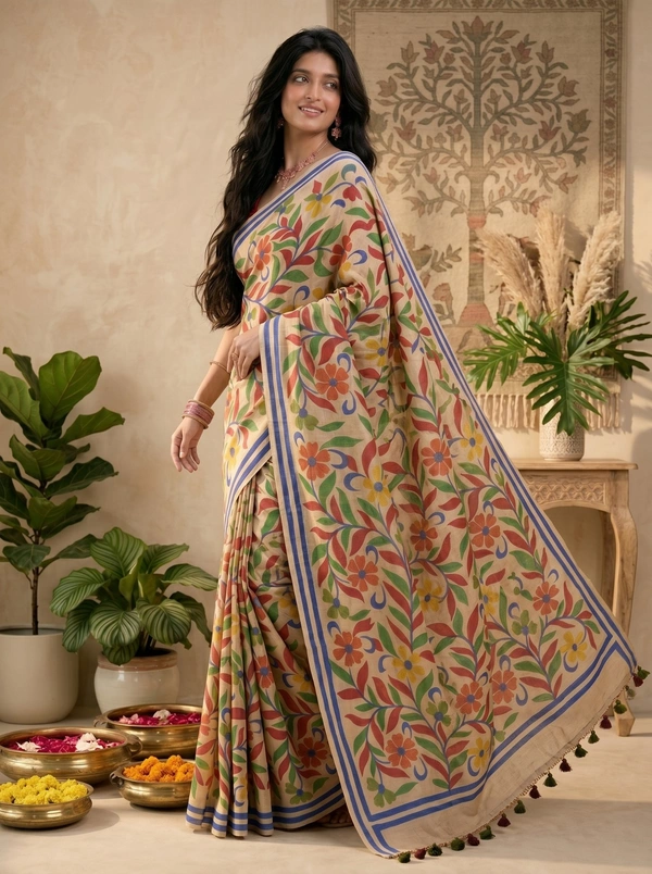 SKU0610 : Pure Silk Saree – Handwoven Bengal Traditional | Acid Paint - Normal Length 6.3 mtr Plus, Floral, Hand Print, Dry Clean Only, Yes