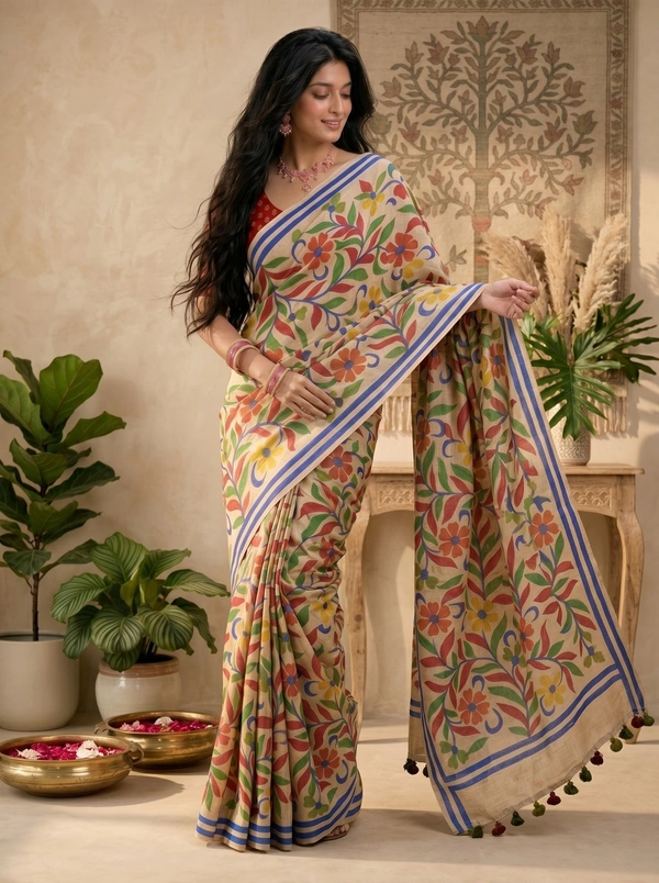 SKU0610 : Pure Silk Saree – Handwoven Bengal Traditional | Acid Paint - Normal Length 6.3 mtr Plus, Floral, Hand Print, Dry Clean Only, Yes