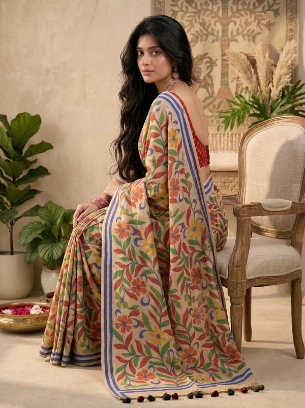SKU0610 : Pure Silk Saree – Handwoven Bengal Traditional | Acid Paint - Normal Length 6.3 mtr Plus, Floral, Hand Print, Dry Clean Only, Yes