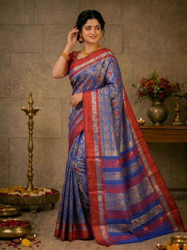SKU0576 : Traditional Bengal Garad Silk Saree – Pure Handwoven Elegance | Alankari - Normal Length 6.3 mtr Plus, Zari Work, Dry Clean Only, Yes