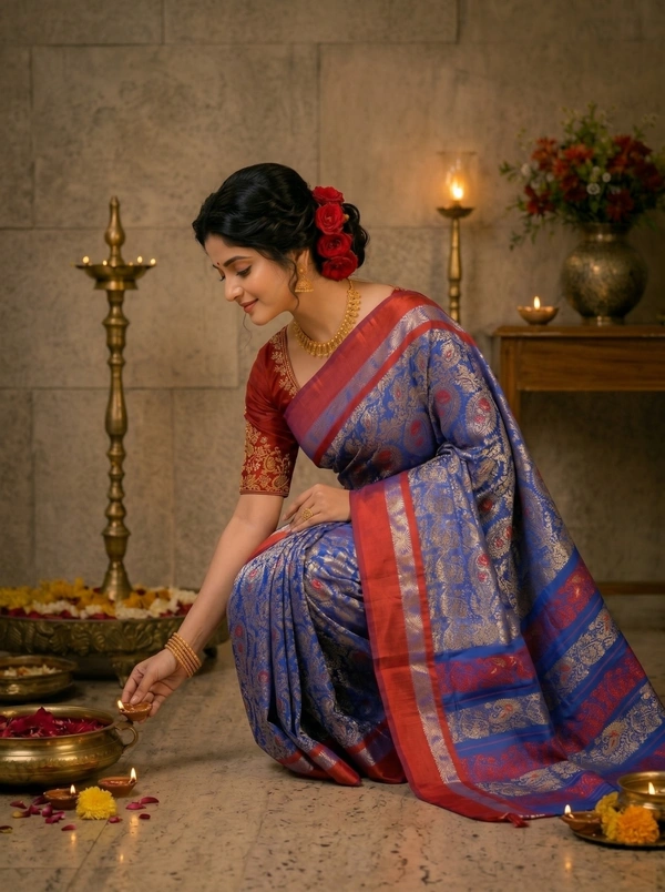 SKU0576 : Traditional Bengal Garad Silk Saree – Pure Handwoven Elegance | Alankari - Normal Length 6.3 mtr Plus, Zari Work, Dry Clean Only, Yes