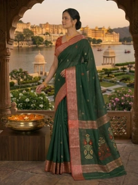 SKU0389 : Pure Khadi Cotton Saree – Handwoven, Lightweight & Breathable Fabric - Normal Length 6.3 mtr Plus, Buti / Booti, Hand Wash, Yes
