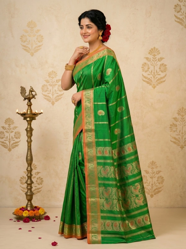 SKU0579 : Traditional Bengal Garad Silk Saree – Pure Handwoven Elegance | Jakard ( With Minakari ) - Normal Length 6.3 mtr Plus, Zari Work, Dry Clean Only, Yes