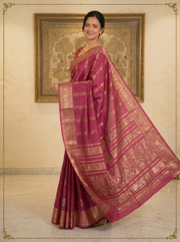 SKU0589 : Traditional Bengal Garad Silk Saree – Pure Handwoven Elegance | Swarnachari - Normal Length 6.3 mtr Plus, Zari Work, Dry Clean Only, Yes