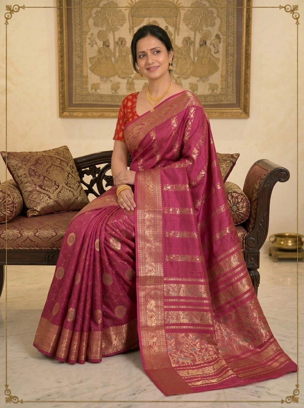 SKU0589 : Traditional Bengal Garad Silk Saree – Pure Handwoven Elegance | Swarnachari - Normal Length 6.3 mtr Plus, Zari Work, Dry Clean Only, Yes