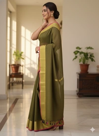 SKU1231 : Pure Khadi Cotton Saree – Handwoven, Lightweight & Breathable Fabric - Hand Wash, Yes