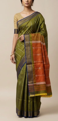 SKU1019 | Exclusive Indian Soft Bishnupuri Katan Silk Saree | Kolakhetra Saree | All Over Chain Motif - Dry Wash Only, Yes