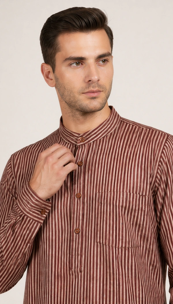 SKU1616 : Men’s Khadi Cotton Panjabi – Handwoven Striped Ethnic Wear | Festive & Casual Traditional Punjabi for Men - Brown