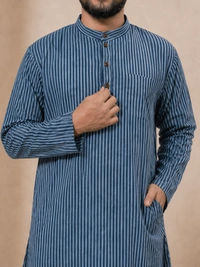 SKU1619 : Men’s Khadi Cotton Panjabi – Handwoven Striped Ethnic Wear | Festive & Casual Traditional Punjabi for Men - Rock Blue
