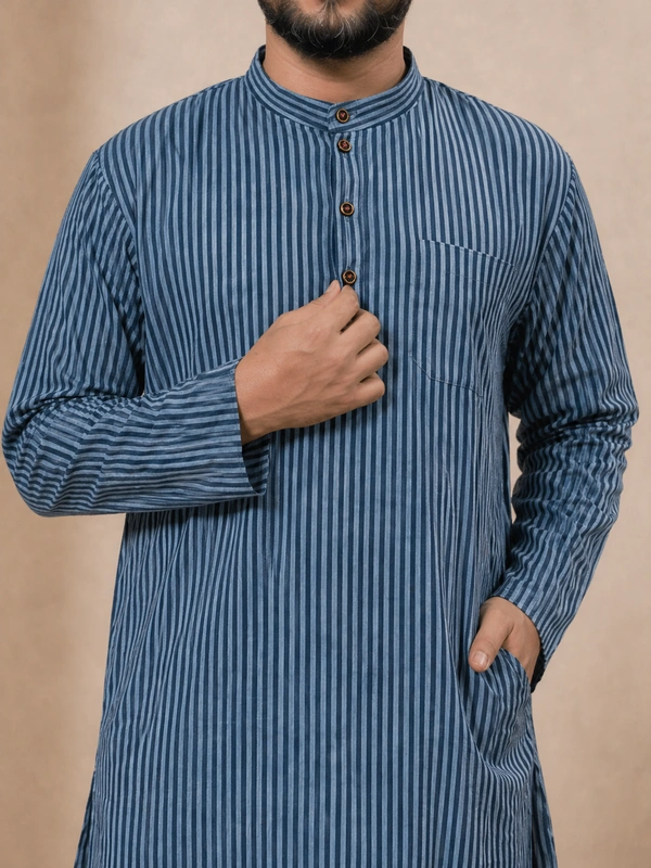 SKU1619 : Men’s Khadi Cotton Panjabi – Handwoven Striped Ethnic Wear | Festive & Casual Traditional Punjabi for Men - Rock Blue