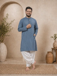 SKU1619 : Men’s Khadi Cotton Panjabi – Handwoven Striped Ethnic Wear | Festive & Casual Traditional Punjabi for Men - Rock Blue