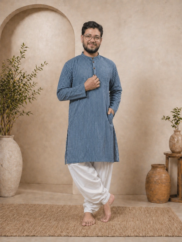 SKU1619 : Men’s Khadi Cotton Panjabi – Handwoven Striped Ethnic Wear | Festive & Casual Traditional Punjabi for Men - Rock Blue