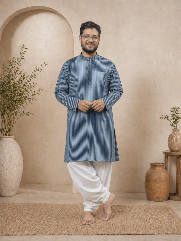 SKU1596 : Men’s Khadi Cotton Panjabi – Handwoven Striped Ethnic Wear | Festive & Casual Traditional Punjabi for Men