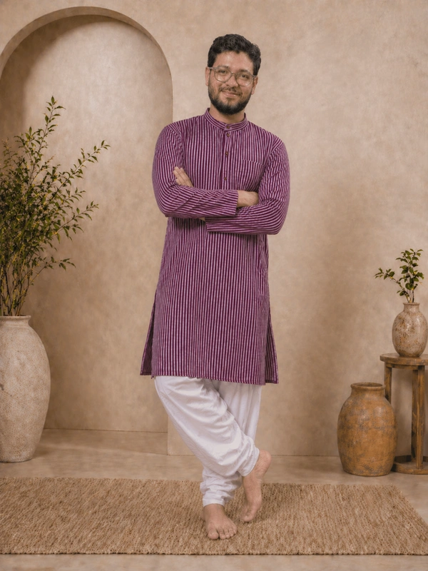 SKU1596 : Men’s Khadi Cotton Panjabi – Handwoven Striped Ethnic Wear | Festive & Casual Traditional Punjabi for Men