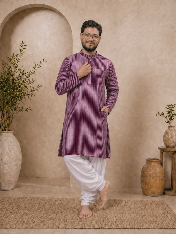 SKU1620 : Men’s Khadi Cotton Panjabi – Handwoven Striped Ethnic Wear | Festive & Casual Traditional Punjabi for Men - Copper Rose