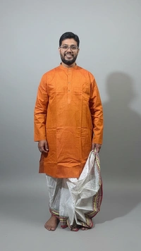 SKU1621 : Men’s Solid Khadi Cotton Panjabi Kurta – Handwoven Ethnic Wear | Festive & Casual Traditional Punjabi for Men - Orange