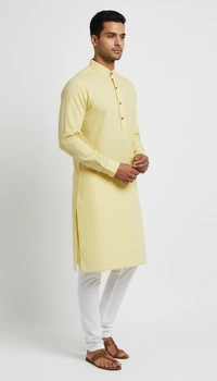 SKU1624 : Men’s Solid Khadi Cotton Panjabi Kurta – Handwoven Ethnic Wear | Festive & Casual Traditional Punjabi for Men - Pastel Yellow