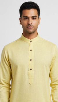 SKU1624 : Men’s Solid Khadi Cotton Panjabi Kurta – Handwoven Ethnic Wear | Festive & Casual Traditional Punjabi for Men - Pastel Yellow