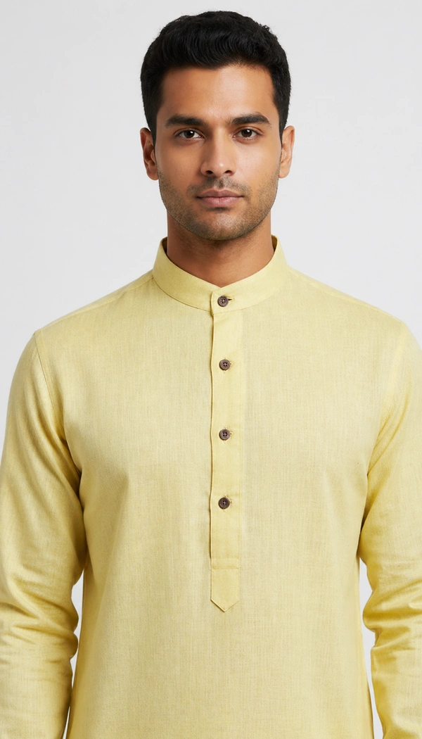 SKU1624 : Men’s Solid Khadi Cotton Panjabi Kurta – Handwoven Ethnic Wear | Festive & Casual Traditional Punjabi for Men - Pastel Yellow