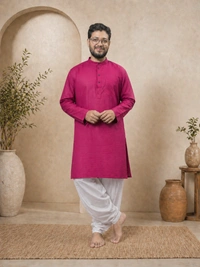SKU1625 : Men’s Solid Khadi Cotton Panjabi Kurta – Handwoven Ethnic Wear | Festive & Casual Traditional Punjabi for Men - Magenta Pink