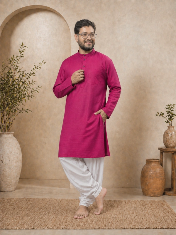 SKU1602 : Men’s Solid Khadi Cotton Panjabi Kurta – Handwoven Ethnic Wear | Festive & Casual Traditional Punjabi for Men