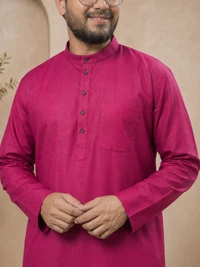 SKU1625 : Men’s Solid Khadi Cotton Panjabi Kurta – Handwoven Ethnic Wear | Festive & Casual Traditional Punjabi for Men - Magenta Pink