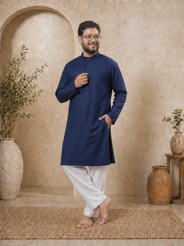 SKU1626 : Men’s Solid Khadi Cotton Panjabi Kurta – Handwoven Ethnic Wear | Festive & Casual Traditional Punjabi for Men - Navy Blue