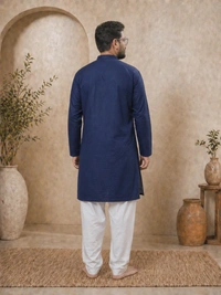 SKU1626 : Men’s Solid Khadi Cotton Panjabi Kurta – Handwoven Ethnic Wear | Festive & Casual Traditional Punjabi for Men - Navy Blue