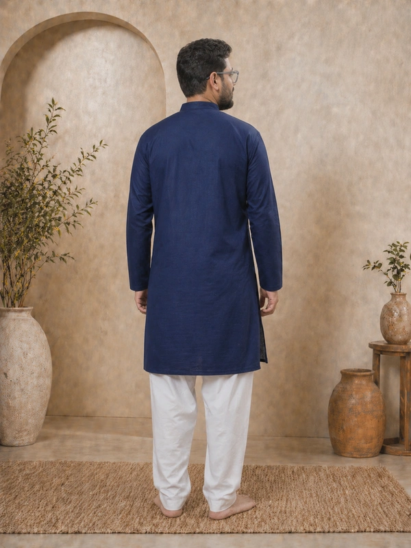 SKU1626 : Men’s Solid Khadi Cotton Panjabi Kurta – Handwoven Ethnic Wear | Festive & Casual Traditional Punjabi for Men - Navy Blue