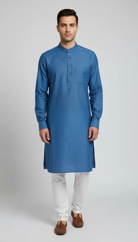 SKU1627 : Men’s Solid Khadi Cotton Panjabi Kurta – Handwoven Ethnic Wear | Festive & Casual Traditional Punjabi for Men - Teal Blue