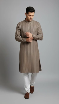 SKU1628 : Men’s Khadi Cotton Panjabi – Handwoven Striped Ethnic Wear | Festive & Casual Traditional Punjabi for Men - grey