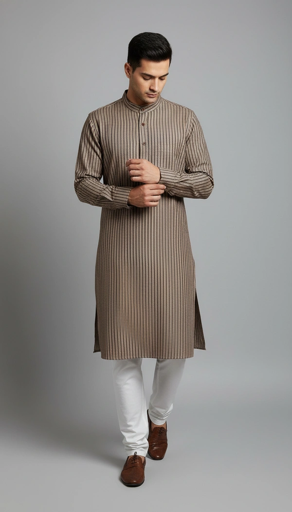 SKU1628 : Men’s Khadi Cotton Panjabi – Handwoven Striped Ethnic Wear | Festive & Casual Traditional Punjabi for Men - grey