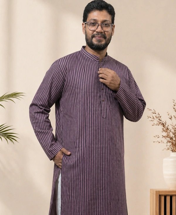 SKU1596 : Men’s Khadi Cotton Panjabi – Handwoven Striped Ethnic Wear | Festive & Casual Traditional Punjabi for Men