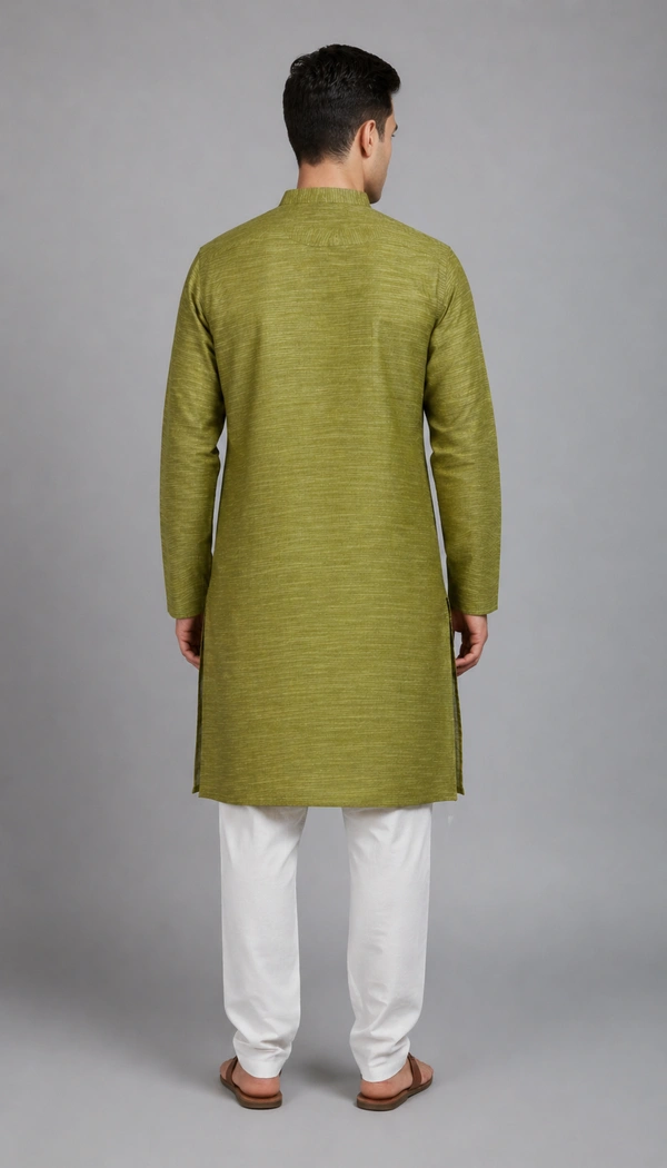 SKU1613 : Men’s Khadi Cotton Panjabi – Handwoven Ethnic Wear | Festive & Casual Traditional Punjabi for Men - Olive Green