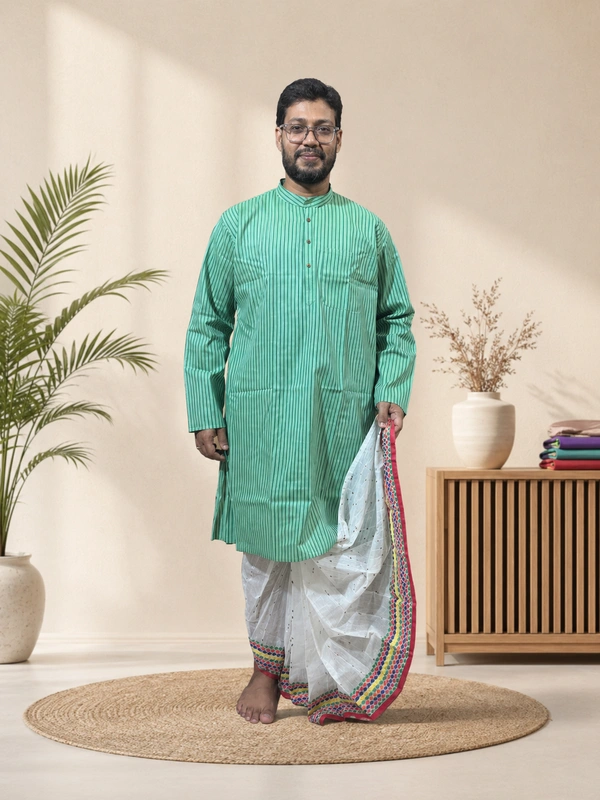 SKU1596 : Men’s Khadi Cotton Panjabi – Handwoven Striped Ethnic Wear | Festive & Casual Traditional Punjabi for Men