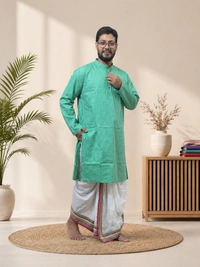 SKU1615 : Men’s Khadi Cotton Panjabi – Handwoven Striped Ethnic Wear | Festive & Casual Traditional Punjabi for Men - Sea Green