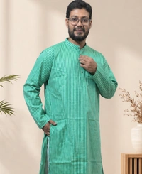 SKU1615 : Men’s Khadi Cotton Panjabi – Handwoven Striped Ethnic Wear | Festive & Casual Traditional Punjabi for Men - Sea Green