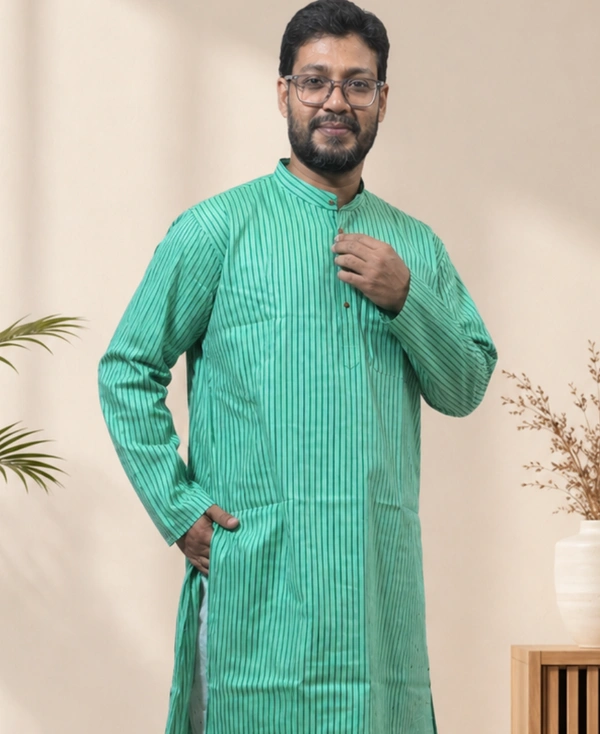 SKU1615 : Men’s Khadi Cotton Panjabi – Handwoven Striped Ethnic Wear | Festive & Casual Traditional Punjabi for Men - Sea Green